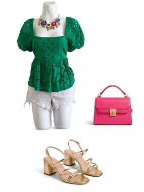 Trixxi Green Eyelet Puff Sleeve Babydoll Top Size Small